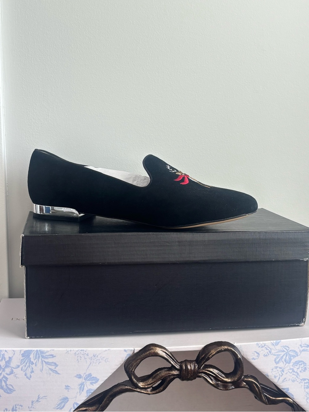 Talbots Black Velvet Reindeer Embroidered Loafers - Picture 2 of 5